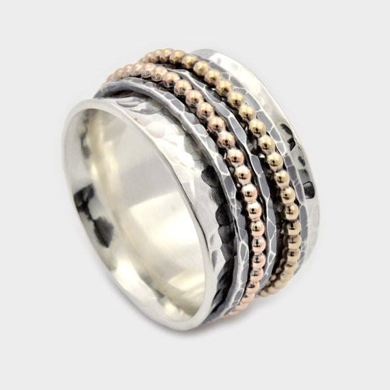 زفاف - Five Band Spinner Ring, Silver and Gold Spinner Ring, Wide Spinner Ring, Meditation Ring, Worry Ring, Silver Fidget Ring, spinner band ring
