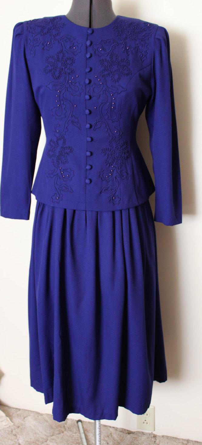 Свадьба - FREE SHIPPING Vintage Mother of Bride Karin Stevens Royal Blue Embroidery Beaded Dress