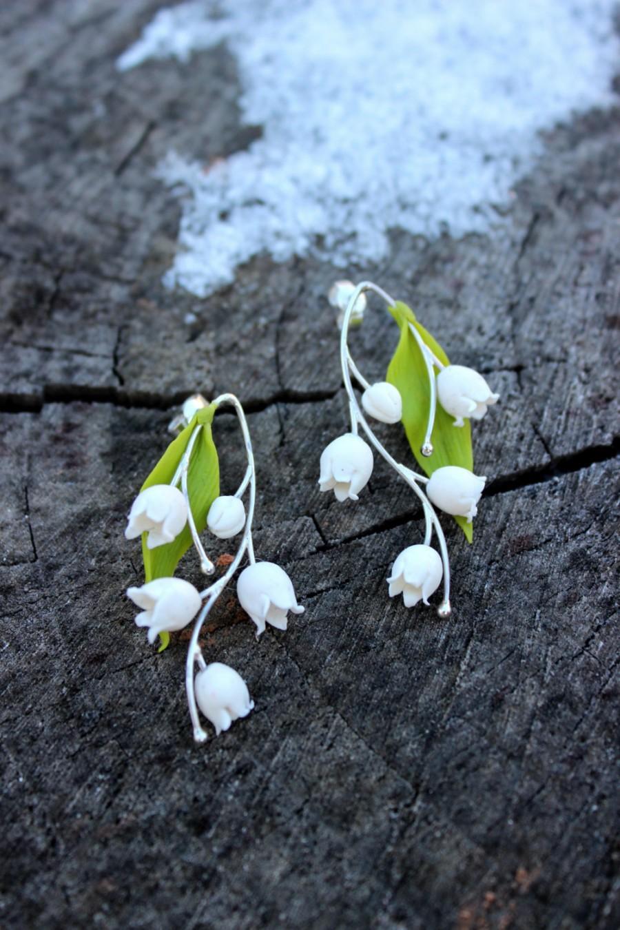 Свадьба - FREE SHIPPING, Lily of the valley cold porcelain Earrings, silver 925 bridal shower gift, spring floral jewelry, Mother's Day Gift