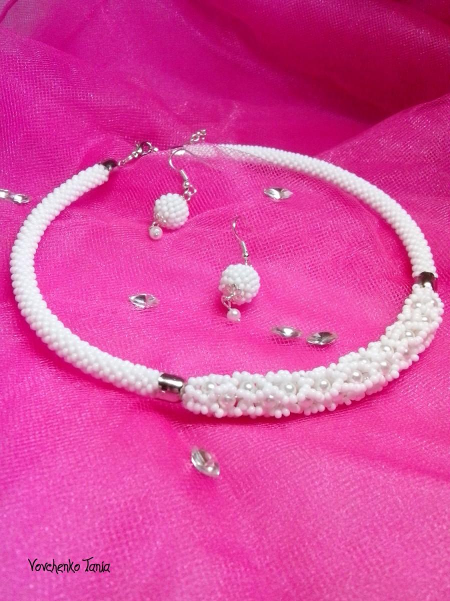 زفاف - White necklace and earrings made of beads Pearl white beads Jewelry set for wedding A gift for her Snow white necklace Statement necklace