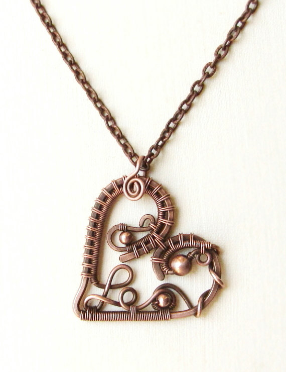 Hochzeit - Copper heart necklace Wire wrapped pendant heart copper jewelry Anniversary gift Valentine Day gift her Heart pendant pure-copper raw-copper