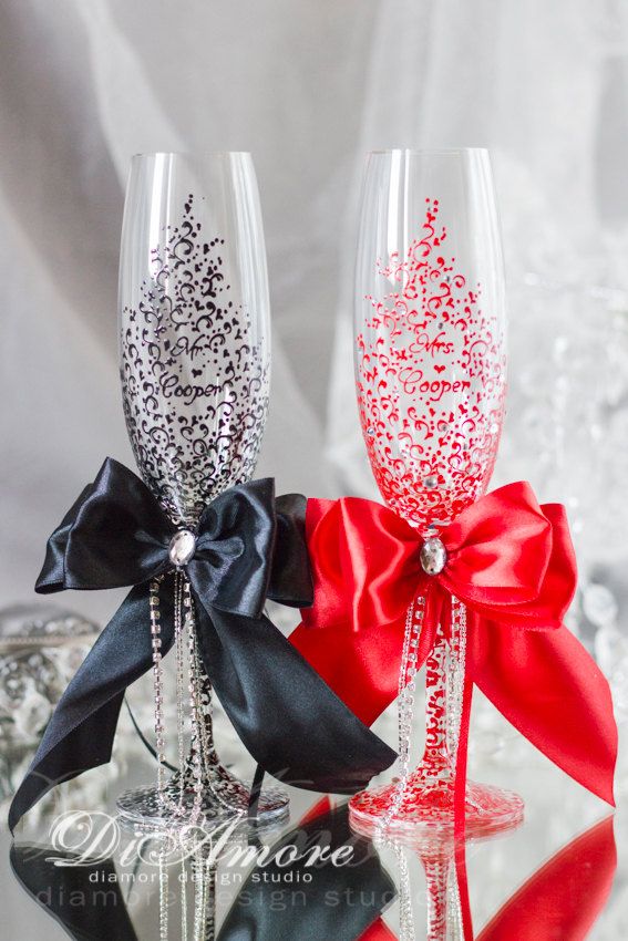 Mariage - Red And Black Wedding Glasses,personalized,collection Art Deco,crystal,satin Bows,lace,luxury Traditional,wedding Champagne Flutes,2pcs.