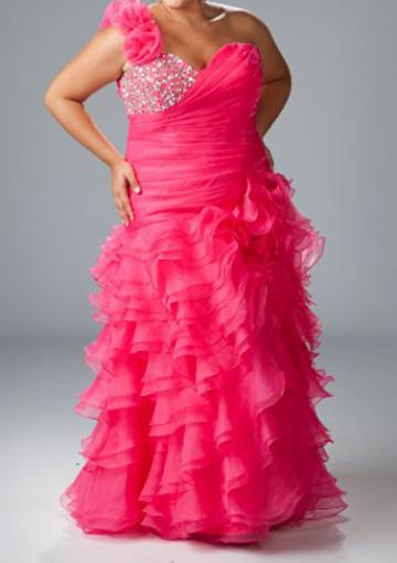 Hochzeit - One Shoulder Fuchsia Crystals Tiers Chiffon Floor Length Sleeveless Lace Up A-line Ruched Plus Size