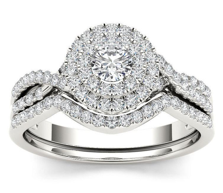 Wedding - 10Kt White Gold Diamond Engagement 0.75 Ct Halo Bridal Set Ring