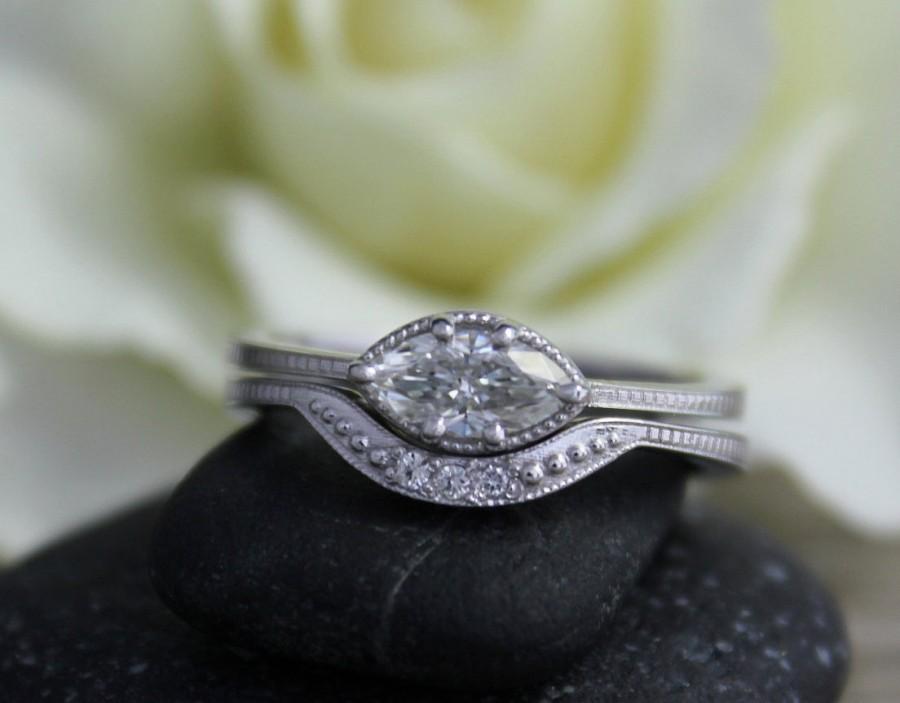 زفاف - Marquise White Gold Moissanite Ring - Vintage Inspired Marquis Ring - East West Marquise Ring - Moissanite Engagement Ring - Bridal Set