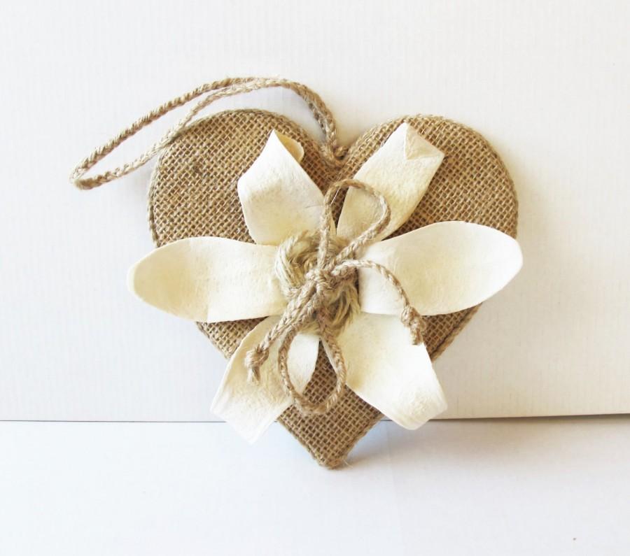 Свадьба - Ring Pillow - Wedding Brown Burlap Jute Rings Pillows Heart Form Natural Flower Rustic Country Stylish Bridal Ring Bearer Pillow Flower Girl
