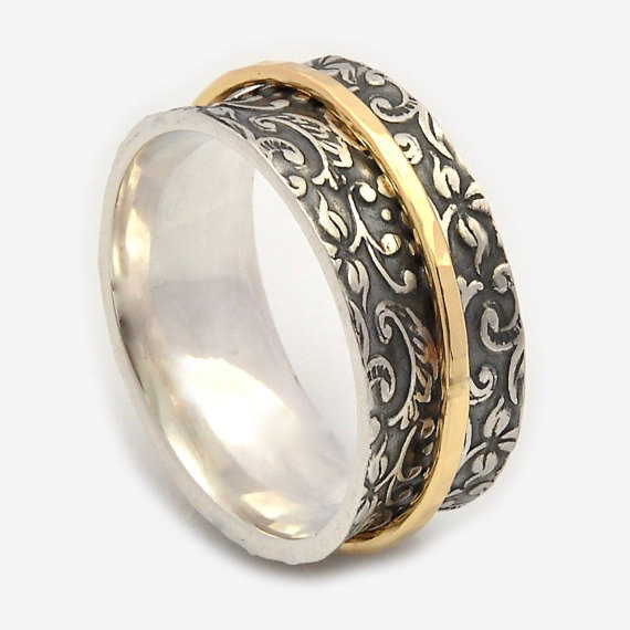 Wedding - Spinner rings for women, Oxidized floral base, Spinner band, Meditation rings, Nature Inspired, Gold spinner, silver wedding rings