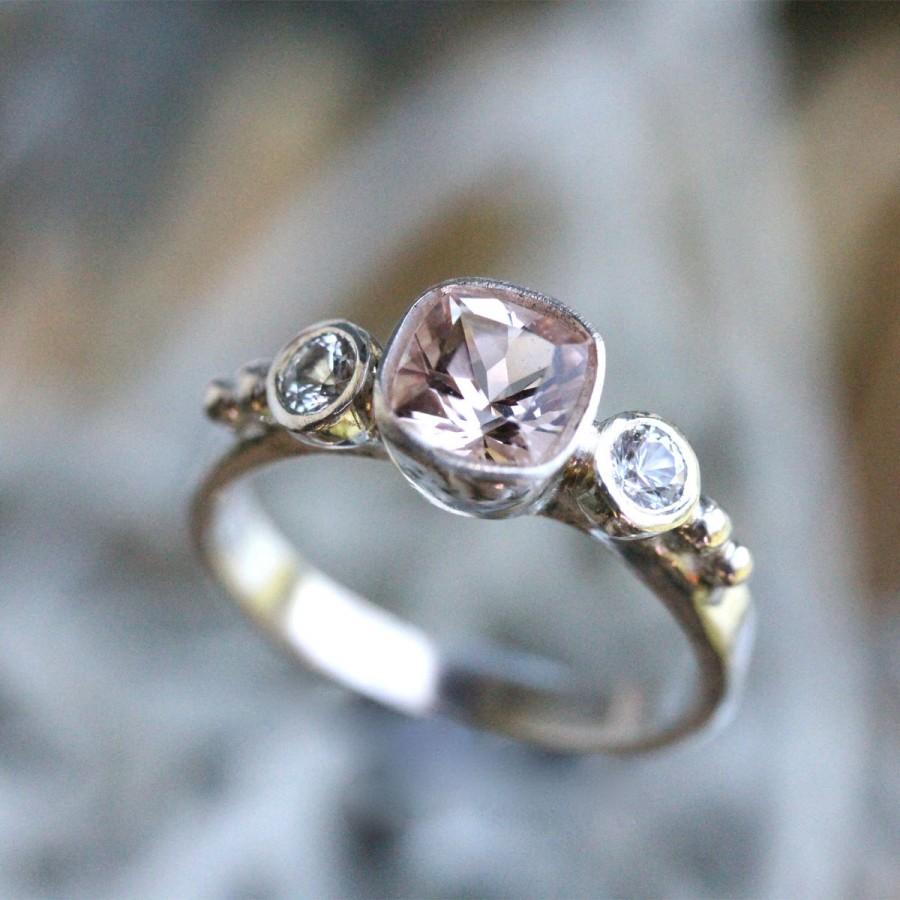 زفاف - Morganite And White Sapphire Sterling Silver Ring, Gemstone Ring, Three Stones Ring, Engagement Ring, Stacking Ring -Made To Order