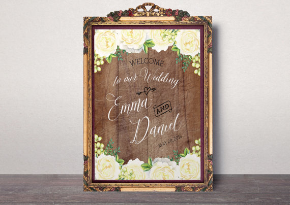 Mariage - Wedding Welcome sign Rustic wooden Welcome wedding Printable Custom Wedding Sign Chalkboard White peonies wedding sign Welcome Poster idw26