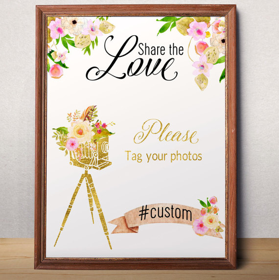 Hochzeit - Instagram Sign Printable Hashtag Sign Share the love Wedding Hashtag Sign Custom Wedding Instagram Gold Wedding Social Media Sign idw14