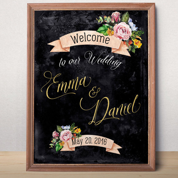 Mariage - Wedding Sign Printable Chalkboard Gold Wedding Welcome sign Personalized Wedding Sign Welcome to our wedding Rustic floral wedding printable