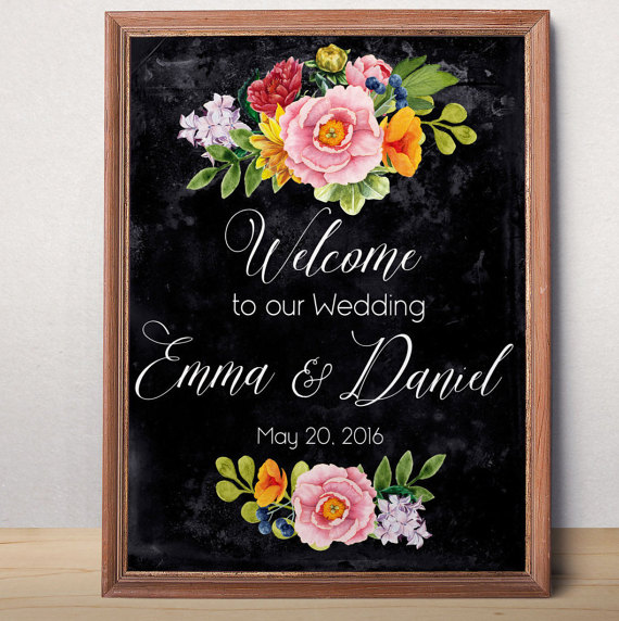 Hochzeit - Chalkboard Wedding Sign Printable Wedding Welcome sign Custom Wedding Sign Welcome to our wedding Rustic floral wedding sign printable