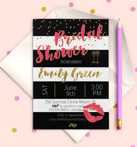 Hochzeit - Bridal Shower Invitation Pink Instant Download Bridal Brunch Printable Bridal Shower Invite Black White stripes Gold Invitation idb26