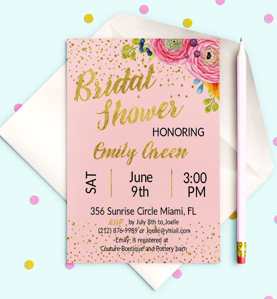 Wedding - Bridal Shower Invitation Pink and Gold Printable Bridal Brunch Invitation Gold Glitter Digital Modern Bridal Shower Invite idb20