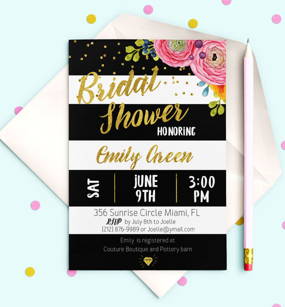 Свадьба - Black White stripes Bridal Shower Invitation Printable Gold Bridal Brunch Modern Bridal Shower Invite Printable Floral Bridal Shower idb19
