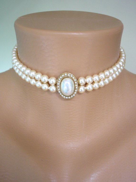 Mariage - Pearl Choker, Great Gatsby, Pearl Necklace, 2 Strand Pearls, Cream Pearls, Vintage Wedding, Bridal Choker, Art Deco, Edwardian Style