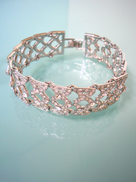 Mariage - Bridal Cuff Bracelet, Rhinestone, Art Deco, Great Gatsby, MONET Jewelry, Crystal Wedding Bracelet, Bridal Jewelry, Vintage Wedding, Sparkly