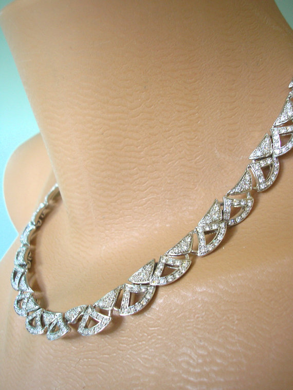 Hochzeit - Rhinestone Choker, Vintage MONET Necklace, Bridal Jewelry, Great Gatsby, Wedding Necklace, Art Deco, Edwardian Style, Diamante Necklace