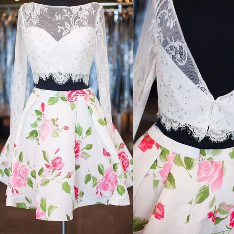 زفاف - Stunning Two Piece Long Sleeves White Homecoming Dresses with Lace Beading Print Flower