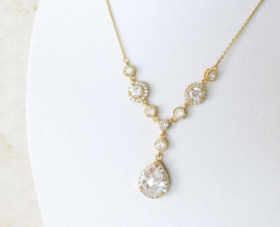 زفاف - Corinne - Bridal Necklace Sparkly Luxe Cubic Zirconia Necklace White Crystal Teardrop Pendant Bridesmaid Gold Champagne Wedding Jewelry