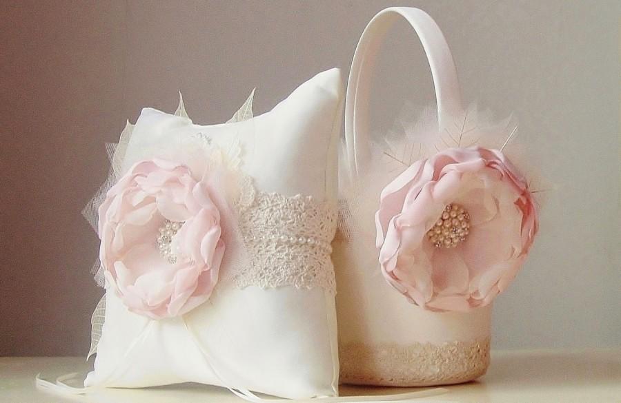 Hochzeit - Flower Girl Basket, Ring Bearer Pillow, Vintage Wedding, Blush Basket and Pillow Set
