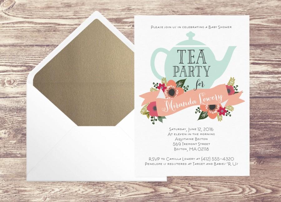 Mariage - Printed Baby Shower Tea Party Invitation with Gold Envelope Liner, Sprinkle Tea Party Shower, Bridal Shower Tea Party Invitation