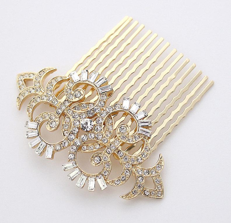 Hochzeit - Gold Bridal Comb Art Deco Hair Comb Vintage Old Hollywood Gatsby Wedding Hairpiece Rhinestone Gold Hair Combs Bridal Hair Jewelry