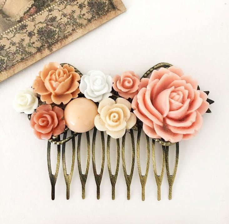 Mariage - Peach Hair Comb Wedding Bridal Headpiece Coral Pink Soft Cream Ivory Apricot Flower Woodland Affordable Floral Bridal Hair Accessory WR