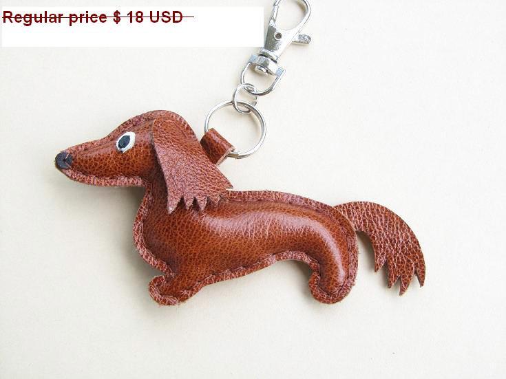 Wedding - Keychain Dog Charm Long-haired Dachshund Leather keychain Leather Dachshund Accessories for bag Leather Accessories  SlavaStudio Red/Brown