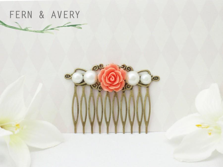Wedding - Coral pink, white pearl and gold bronze hair comb. Coral hair clip. Wedding bridal hair.