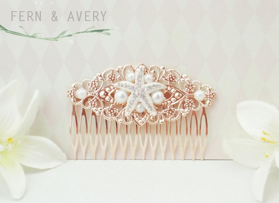 Свадьба - Rose gold starfish hair comb. Rose gold ivory or white pearl hair clip.