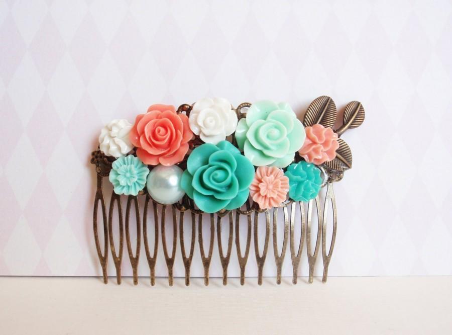 Hochzeit - Coral pink, mint green, turquoise hair comb. Choose gold, silver or bronze