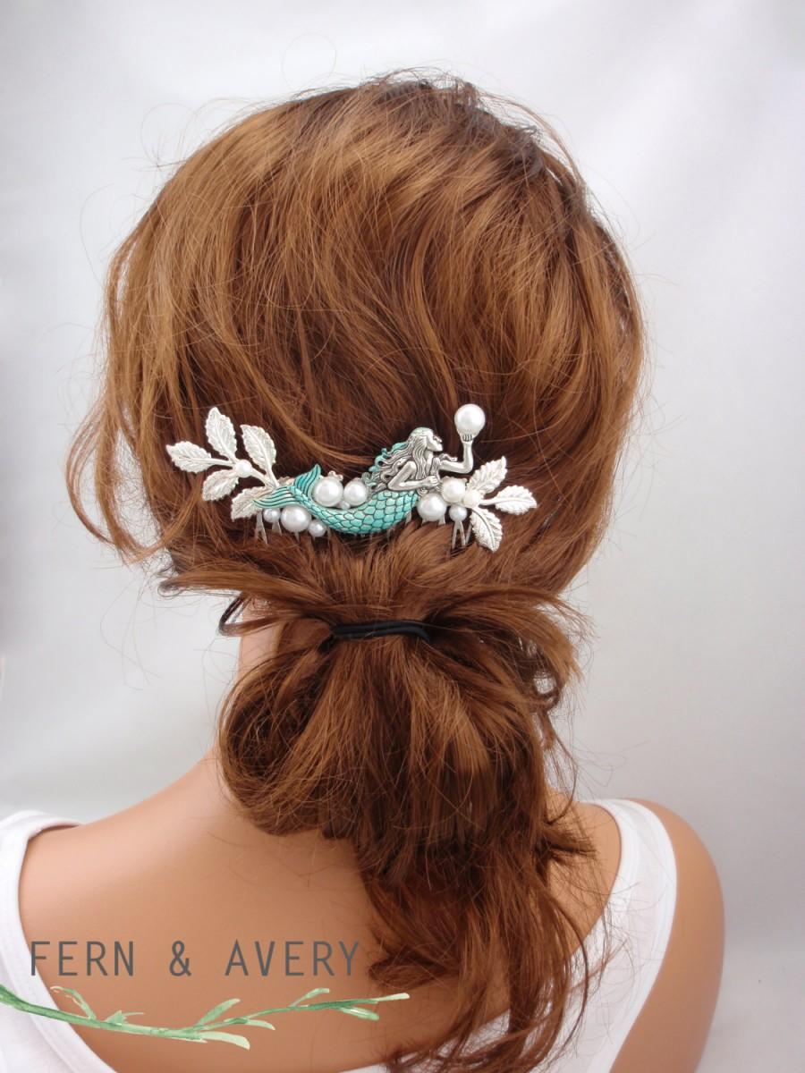 Wedding - Turquoise blue silver hair comb. Mermaid beach wedding silver hair comb. White pearl romantic vintage style