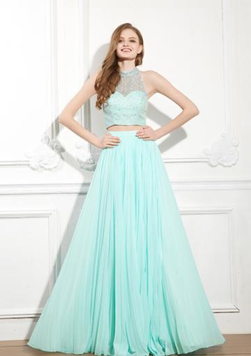 Mariage - Blue Chiffon Floor Length High-neck Beading Two-piece Zipper Ruched A-line Sleeveless