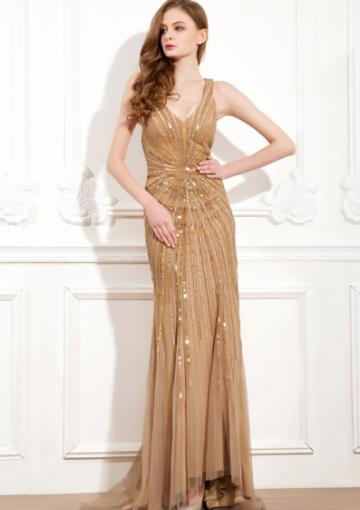 Mariage - V-neck Sequins Criss Cross Tulle Satin Sleeveless Sheath Sweep Train Ruched