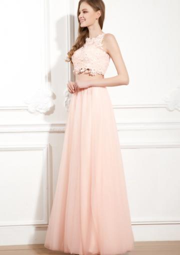 Wedding - Chiffon Ruched A-line Pink Sleeveless Floor Length Appliques Two-piece