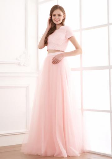 Wedding - Ruched Two-piece Scoop Short Sleeves A-line Chiffon Pink Floor Length