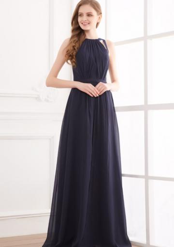 Mariage - Chiffon Straps Navy Floor Length Ruched A-line Sleeveless
