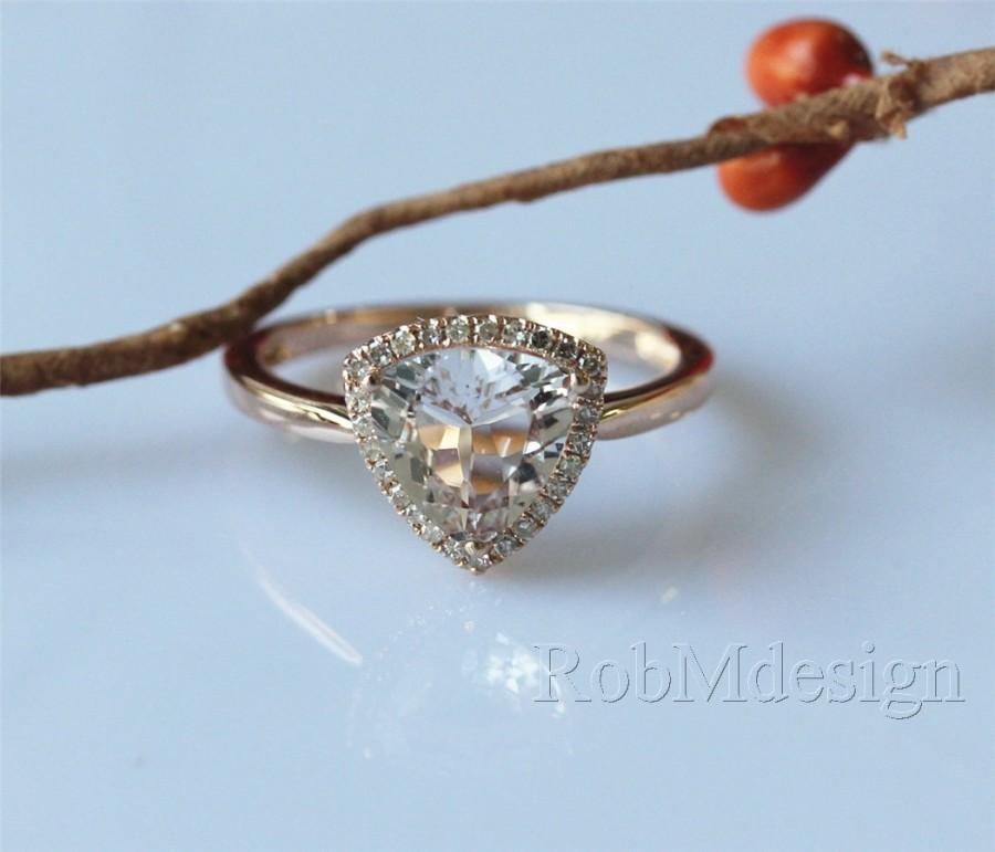 Hochzeit - New Design!Trillion Triangle Cut 8mm Pink Morganite Engagement Ring Halo Diamond 14k Rose Gold Wedding Ring Promise Ring Pink Gemstone Ring