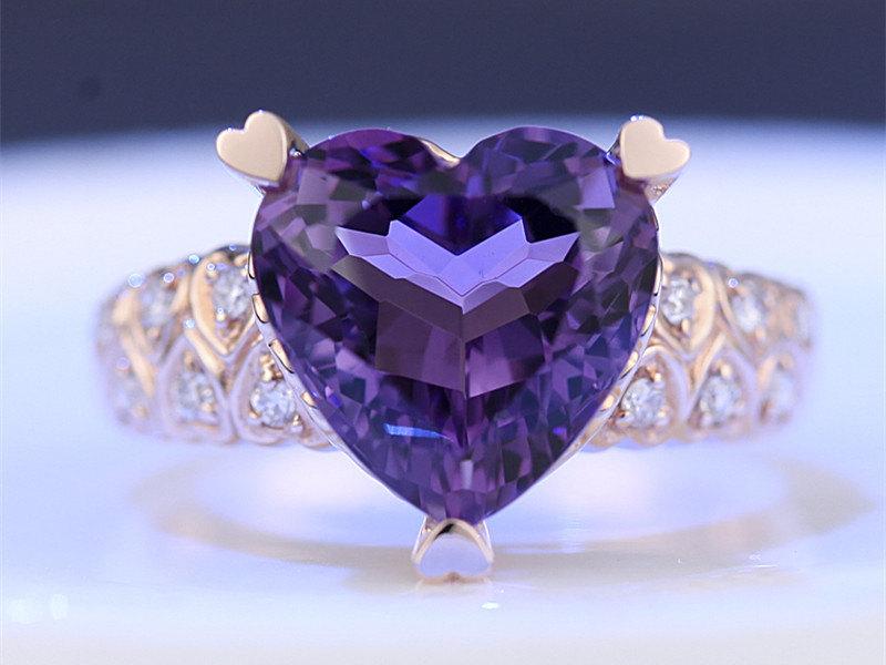زفاف - Big 5.45ct Heart Natural Amethyst Engagement Ring Solid 14K Rose Gold Ring Promise Ring Anniversary Ring Amethyst Colored Gemstone Ring