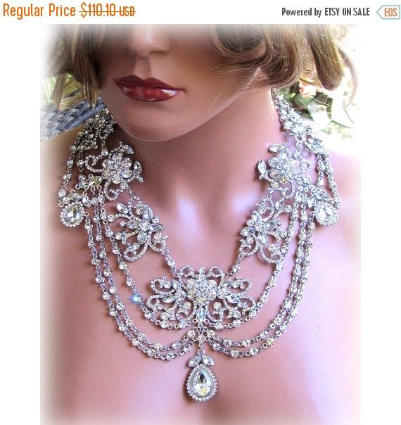 Свадьба - Wedding Jewelry Set, OOAK Bridal Bib Necklace And Earrings, Vintage Inspired Rhinestone Bridal Necklace Statement, Crystal Jewelry Set