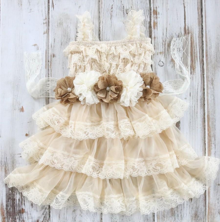 Свадьба - Rustic Burlap Flower Girl Dress-Country Chic Dress- Burlap Flower Girl-Country Wedding-Rustic Flower Girl Dresses-Burlap Roses