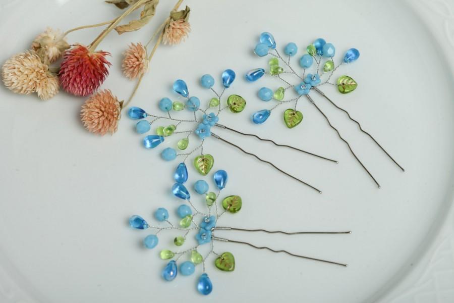 Wedding - Blue crystal hair pins Blue wedding hair pins Blue floral hair pins Turquoise bridal hair pins Blue wedding headpiece Bridesmaid hair pins