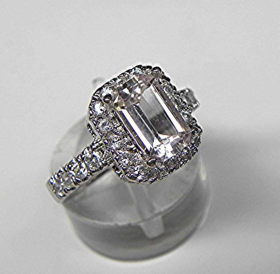Hochzeit - AAAA White Sapphire 9x6mm Emerald cut 1.55 carat Natural Unheated in 14K gold engagement ring with Natural white sapphire halo.1781