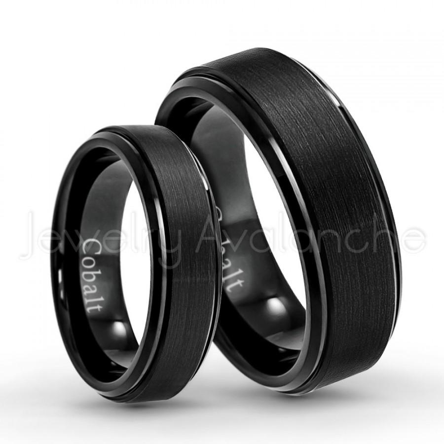 Hochzeit - Bride and Groom Wedding Band Set, Black IP Brushed Finish Stepped Edge Comfort Fit Cobalt Chrome Wedding Rings, Engagement Rings CT404-408