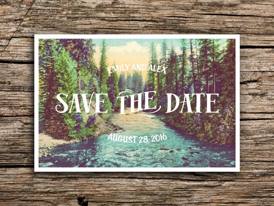 Wedding - Northwest Pines Postcard Save the Date // Vintage Post Card Pine Trees River Mountain Wedding Oregon Washington Pacific Northwest