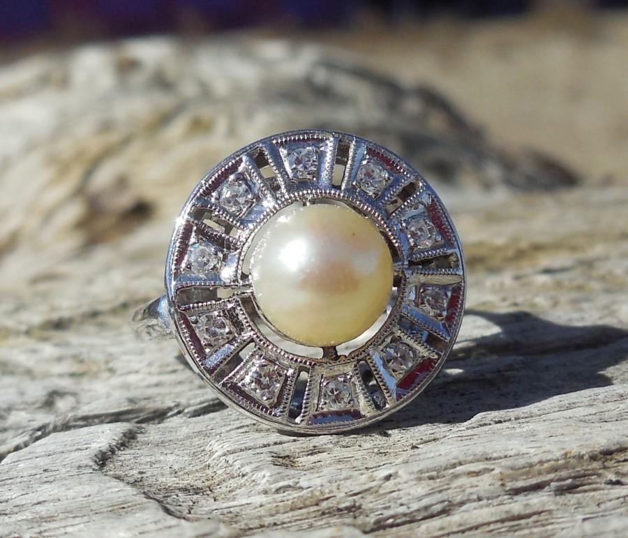 Mariage - Vintage Antique Pearl & Diamond Engagement Ring Art Deco 1920 14k White Gold