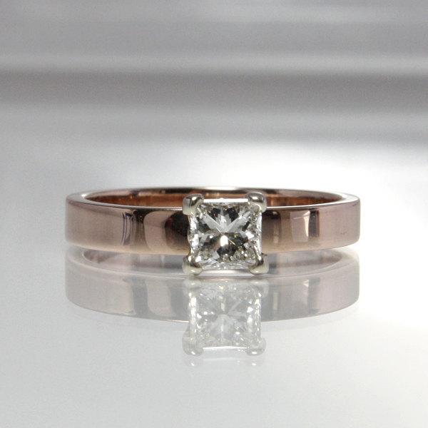 Hochzeit - Princess Cut Diamond Engagement Ring 14k Rose Gold White Gold Handmade Ladies Size 6 Wedding Jewelry .46 Carats VS1 Clarity G Color