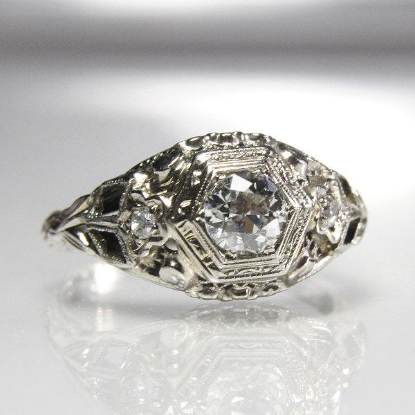 Mariage - Art Deco Engagement Ring 18K White Gold Filigree Old European Cut Diamond .46 Carats Total Weight Size 5.75 Vintage Wedding Jewelry