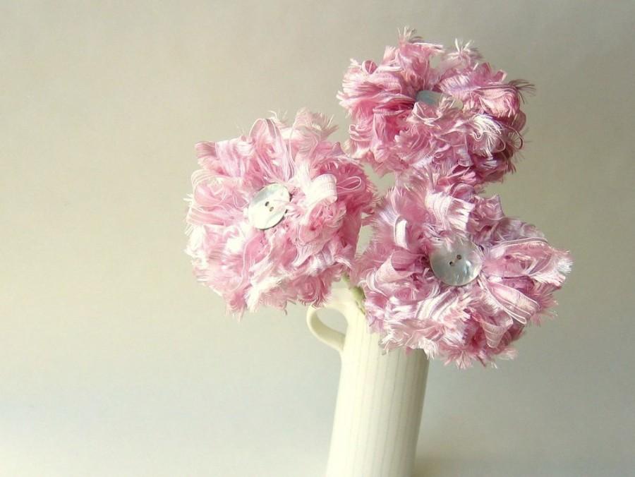Hochzeit - Ribbon Flower Bouquet 3 Pink Fizz Flowers, wedding decor, centerpiece